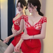 长夜漫漫烫钻网纱连衣裙女性感镂空网衣包臀紧身显身材诱惑感睡衣