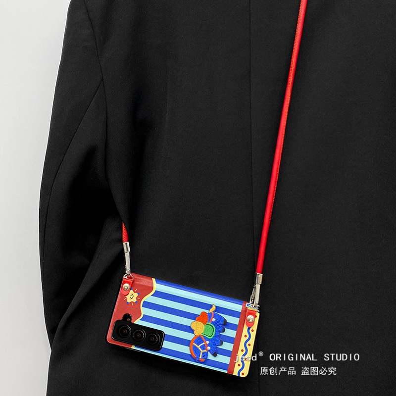 蓝色条纹子适用于三星ZFold5手机壳ZFOLD6折叠屏zfold5/6/7中轴全包防摔W25刺绣小马保护套