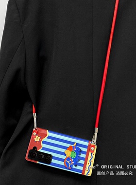 蓝色条纹子适用于三星ZFold5手机壳ZFOLD6折叠屏zfold5/6/7中轴全包防摔W25刺绣小马保护套