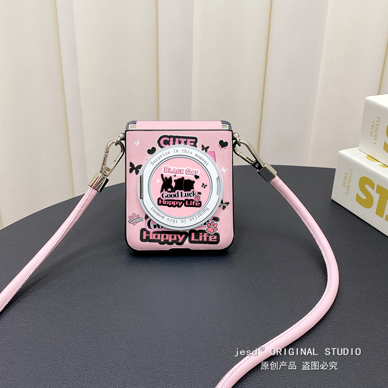 甜酷黑粉猫咪360度旋转支架适用三星Zflip76折叠屏Purax手机壳华为Pocket2小米Mixflip2保护套荣耀Magicvflip
