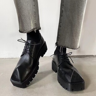 方头系带皮鞋男高级感小众设计潮鞋女犀牛角厚底增高休闲德比鞋子