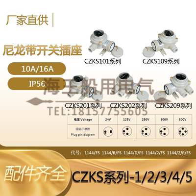 船用尼龙水密防水带开关插座CZKS101/202-1/2/3/4/5 24V-250/500V