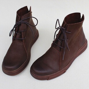 秋冬季新款外贸复古手作真皮女靴牛皮高帮鞋防滑软底系带全皮短靴