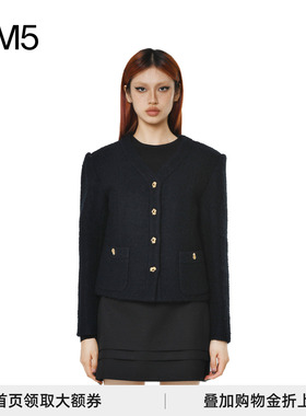 官方授权 ELBORN23秋冬通勤金属扣短款V领花呢小香风外套上衣