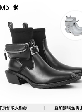 微瑕untitlab方头短靴高跟靴黑色绑带经典高帮靴Hitch Boots