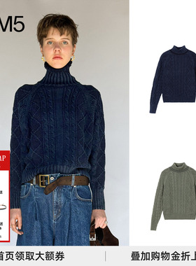 现货COTEMP 25秋冬复古洗褪绞花毛衣INDIGO CABLE KNITED SWEATER