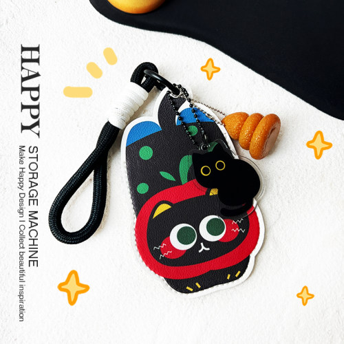 HAPPY原创趴趴平安果小黑猫皮质卡套公交地铁门禁学生门禁收纳