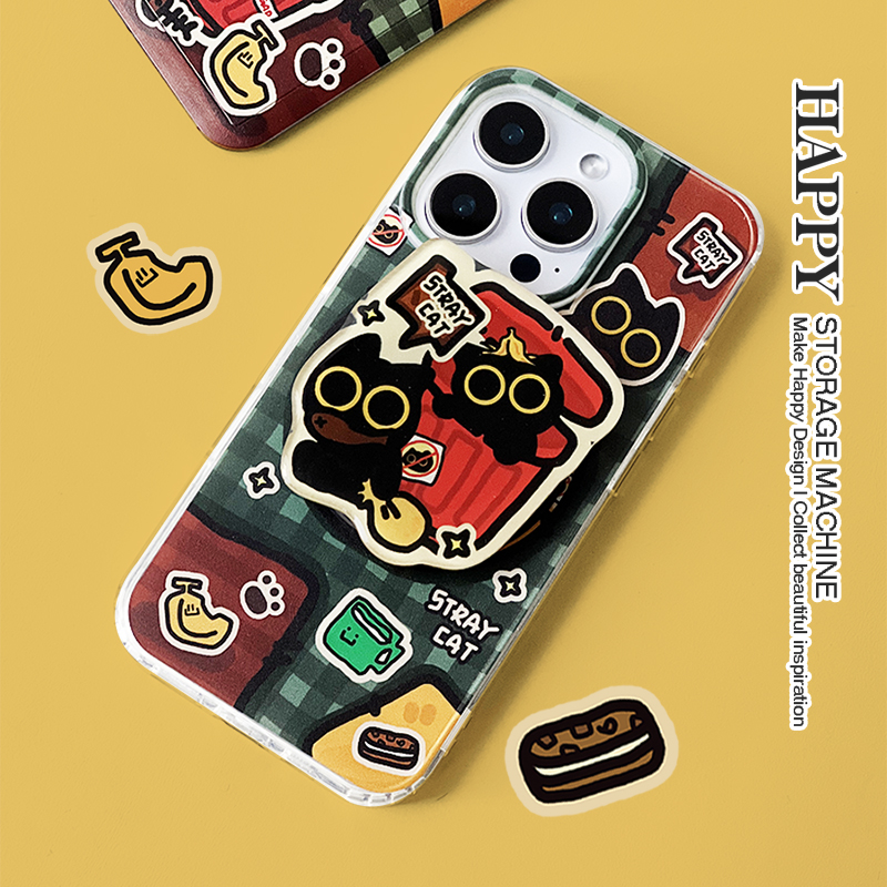 HAPPY 原创可爱流浪小黑猫手机支架磁吸式懒人便携苹果手机支架