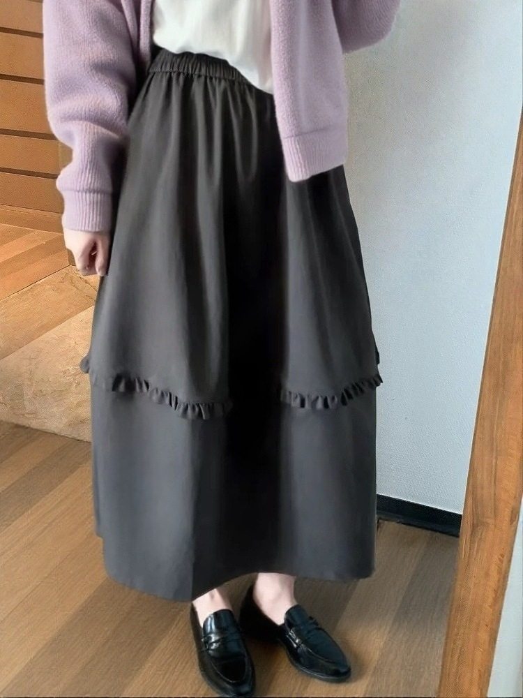 复古木耳边设计宽松显瘦花苞半身裙女春秋松紧腰百搭中长裙下装,女装/女士精品,半身裙,淘宝优惠券,粉丝福利购,淘宝优惠卷