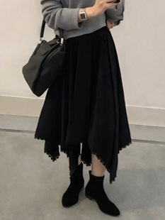 春季复古不规则蕾丝下摆半身裙女春夏松紧高腰显瘦a字大摆裙下装