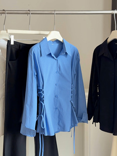 女春秋翻领百搭洋气衬衣纯色上衣 衬衫 时尚 设计感收腰显瘦绑带长袖