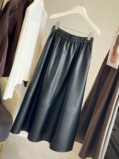 秋冬女装PU皮半身裙复古高腰修身显瘦休闲中长款打底A字裙下装