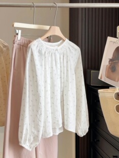 碎花褶皱圆领长袖 女春夏宽松显瘦百搭减龄衬衣甜美简约上衣 衬衫