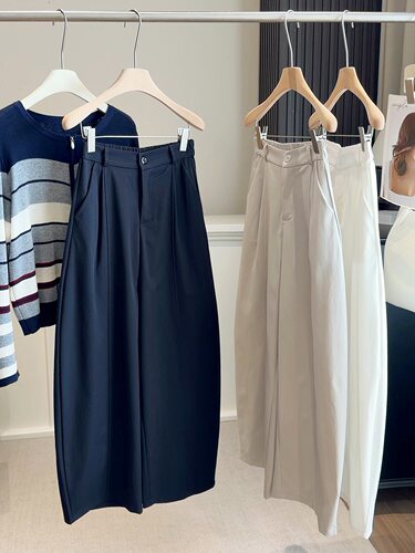 松紧腰宽松休闲弯刀裤女春夏简约纯色显瘦阔腿裤垂坠感气球裤下装