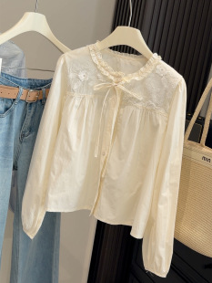 甜美减龄木耳边圆领刺绣衬衫 纯色打底衬衣显瘦上衣 女春秋长袖