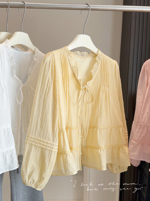 春夏女装薄款木耳边V领绑带衬衫宽松显瘦灯笼袖内搭纯色衬衣上衣