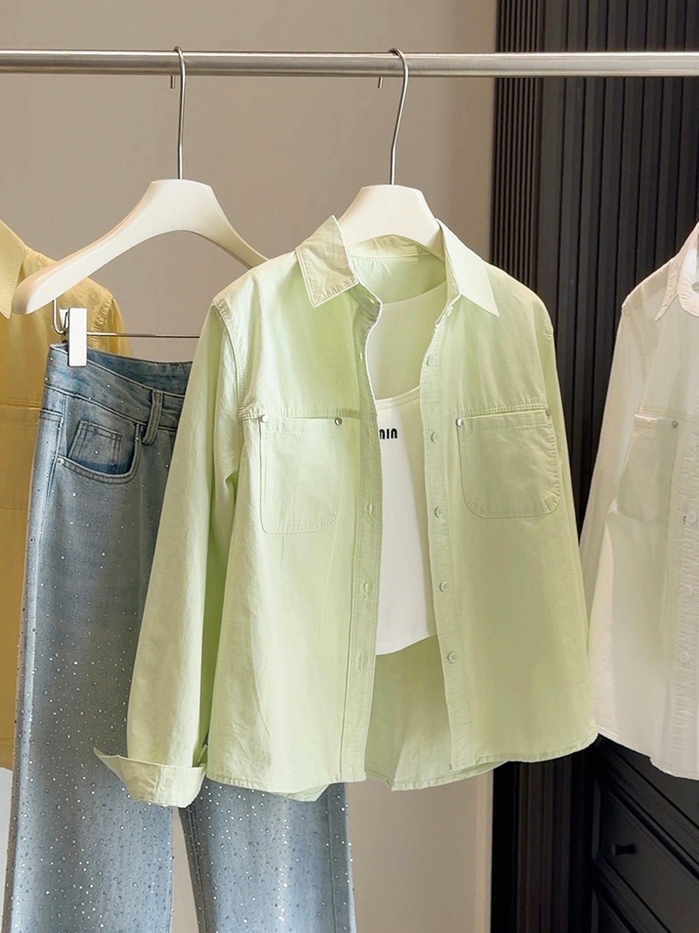 棉质长袖衬衫女宽松显瘦纯色防晒翻领衬衣外套女春秋休闲简约上衣