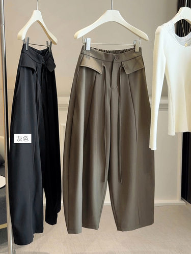 设计感高腰阔腿西装休闲裤女春夏松紧腰宽松显瘦垂坠感弯刀裤