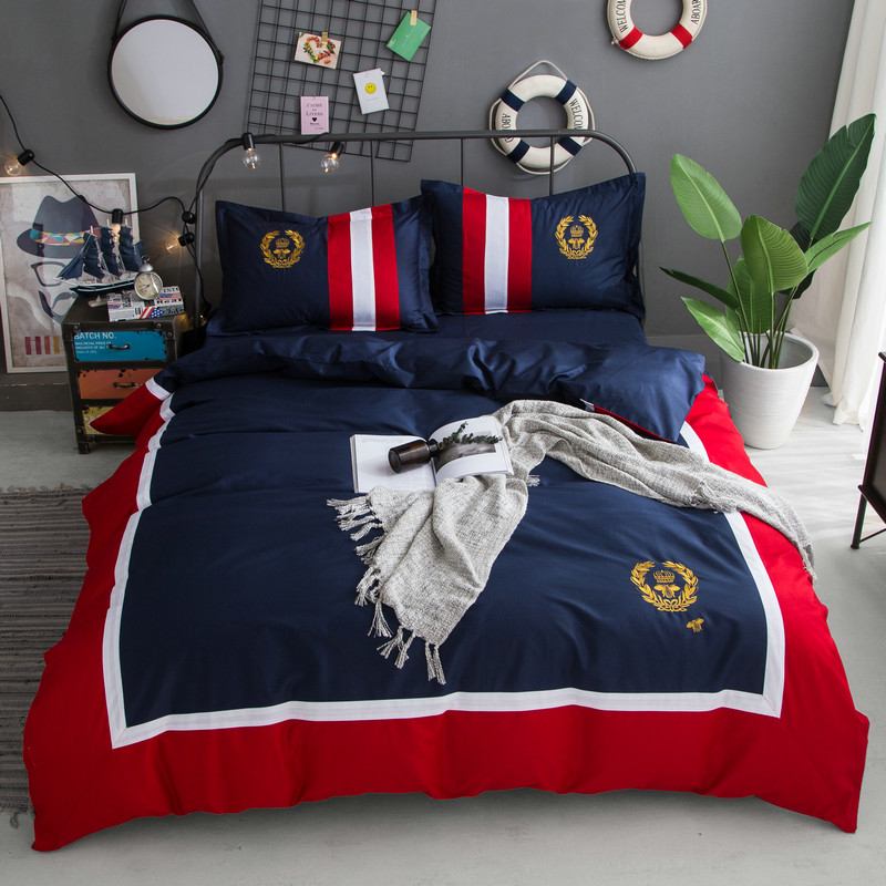 男士复古英伦风简约个性全棉四件套 欧美男生儿童条格纯棉三件套