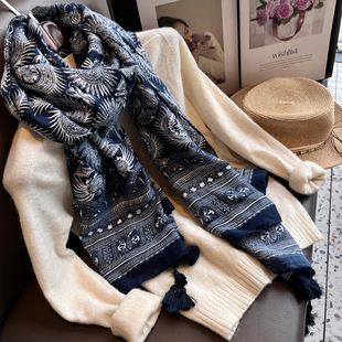 百搭薄款 丝巾女夏季 纱巾民族风图腾印花棉麻围巾女遮阳巾防晒披肩