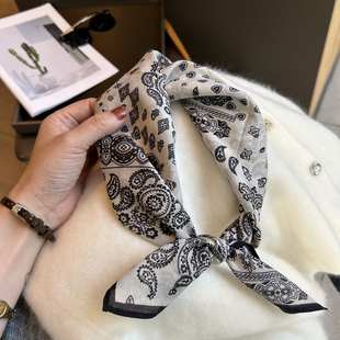 洋气丝棉方巾女薄春季百搭韩版腰果印花桑蚕丝围巾装饰小领巾丝巾