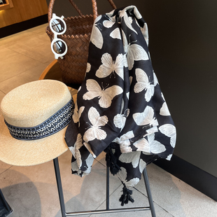 夏季蝴蝶印花丝巾女韩版时尚百搭装饰长条纱巾旅游沙滩巾防晒披肩