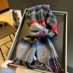 100%绵羊毛围巾女秋冬季2025新款百搭复古英伦风格子披肩保暖围脖