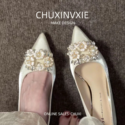 初昔法式婚鞋水晶鞋绝美气质高跟鞋女2024新款细跟主婚纱礼服单鞋
