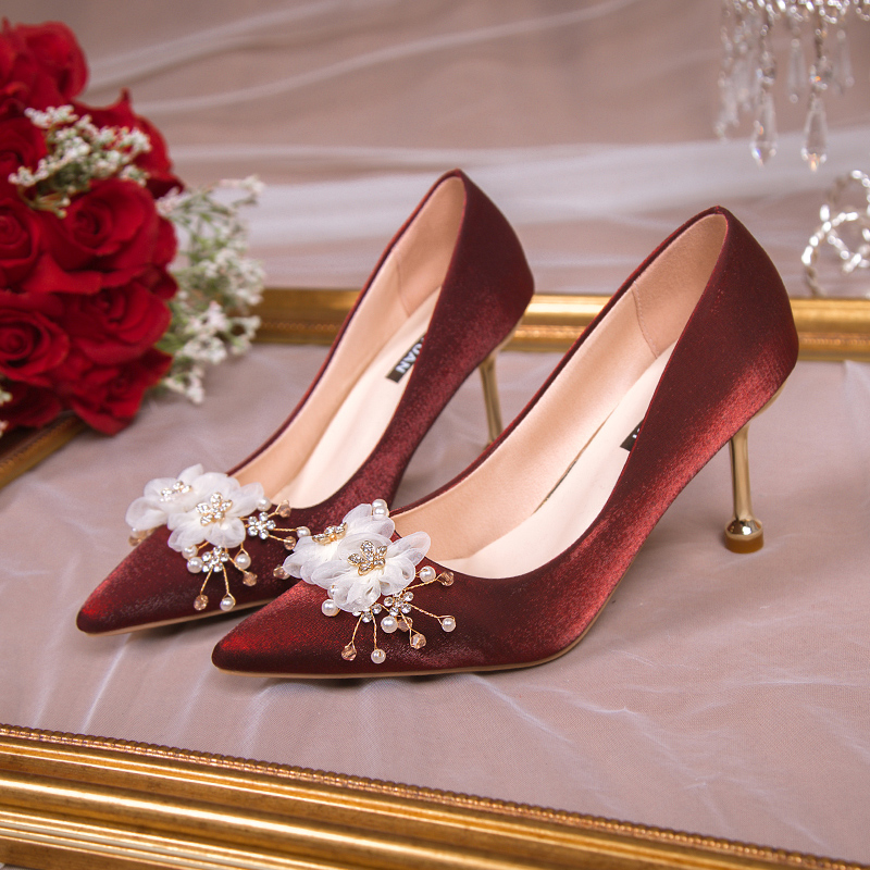 红色高跟鞋女婚鞋秀禾婚纱两穿尖头细跟单鞋高级感新娘鞋不累脚