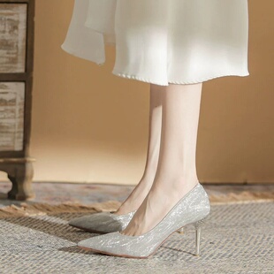 法式高跟鞋女2025新款尖头细跟伴娘鞋不累脚新娘鞋高级感单鞋日常