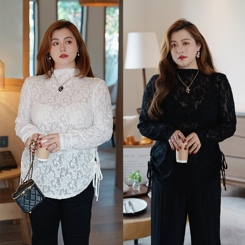 ROUROU 맞춤형 플러스 사이즈 여성 의류 지방 MM 2024 가을 새로운 드로스트링 레이스 하프 터틀넥 바닥 셔츠[내부 상단 포함]