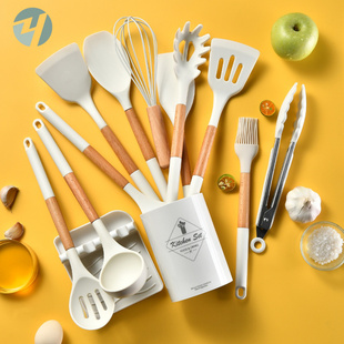 直销 木柄硅胶厨具11件套烹饪厨房工具Cooking Utensil Set