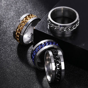戒指 钛钢链条纹理立体转动旋转戒指情侣男女 开瓶器地摊个性
