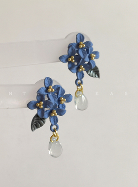 兰花。新中式民族风古风精致甜美蓝色花朵清新水滴耳坠耳环耳饰女