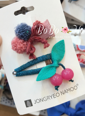 韩国进口palmtree儿童发饰 毛线编织蝴蝶结 樱桃花朵BB夹 鸭嘴夹