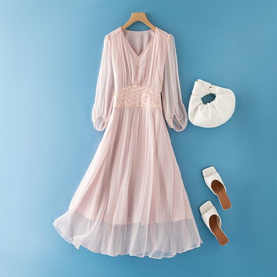 名媛轻奢真丝桑蚕丝连衣裙女夏