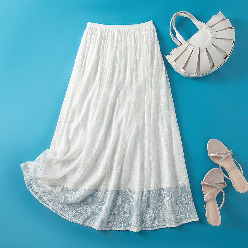 杭真丝半身裙法式桑蚕丝刺绣a字高腰百褶裙女2026春夏复古中长裙