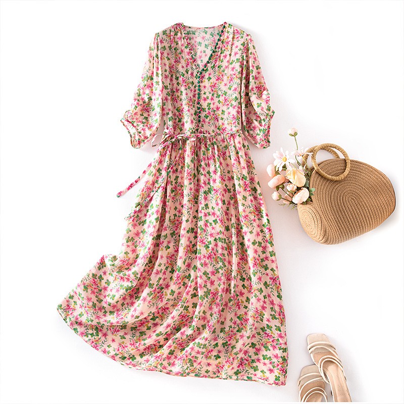 双绉桑蚕丝V领系带碎花连衣裙夏