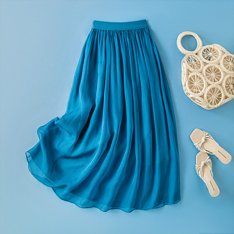 纯色真丝印花半身裙2026新款夏女松紧腰时尚显瘦垂感桑蚕丝a字裙