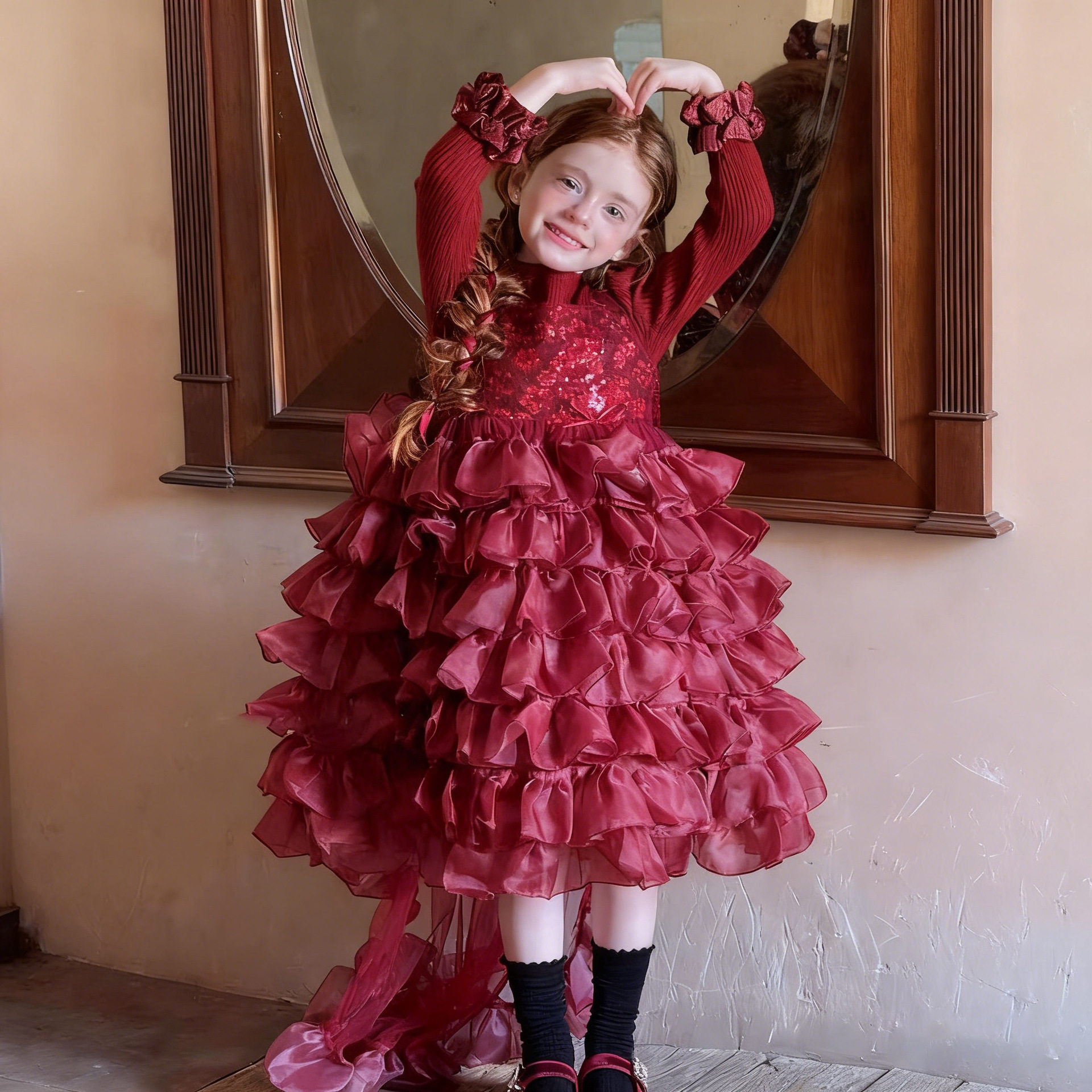 女童公主裙加绒红色连衣裙