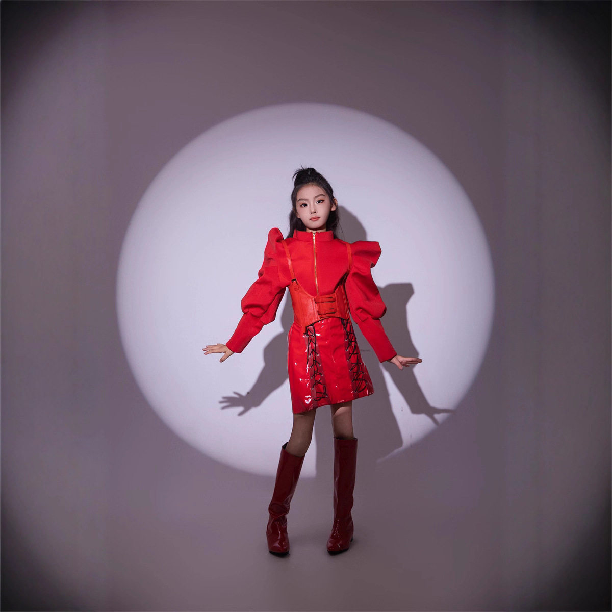 女童大红色新年长袖外套皮裙套装秋冬走秀服蓬蓬袖酷帅潮童新款,童装/婴儿装/亲子装,儿童礼服,淘宝优惠券,粉丝福利购,淘宝优惠卷