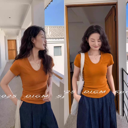 高品质版本！欧货高克重螺纹棉辣妹短袖！炒鸡显瘦百搭不起球！