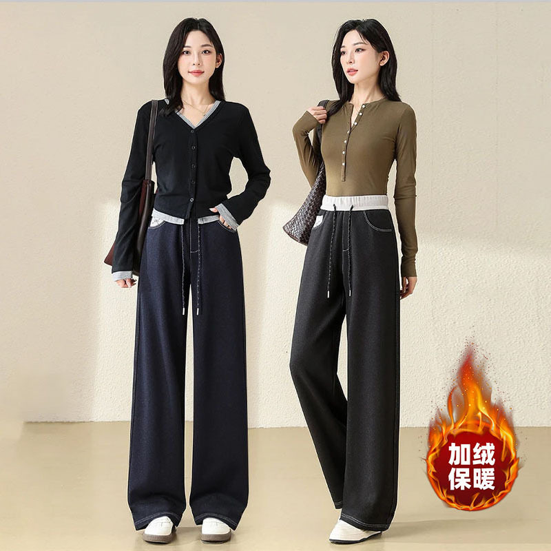 降温福利！仅限一波！蓄热保暖加绒加厚羊毛蚕丝窄版阔腿牛仔裤
