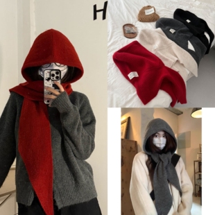 慵懒保暖出街~韩系女孩高级感品质羊毛三角围巾可披可围带帽围脖