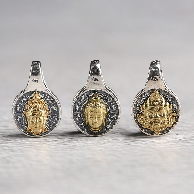 S925银镶嵌黄铜药师佛绿度母黄&middot;神 文玩卡子记数挂雕刻真言吊牌