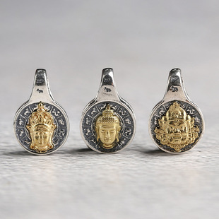 S925银镶嵌黄铜药师佛绿度母黄·神 文玩卡子记数挂雕刻真言吊牌