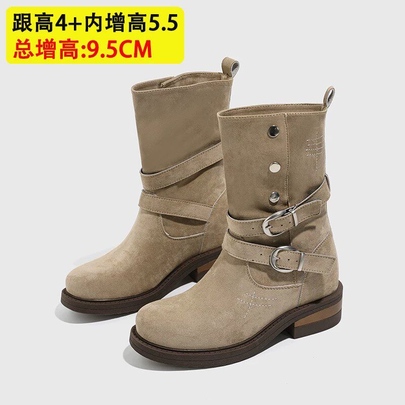 内增高9.5CM厚底机车靴女2026秋冬季新款复古风皮带扣时尚中筒靴