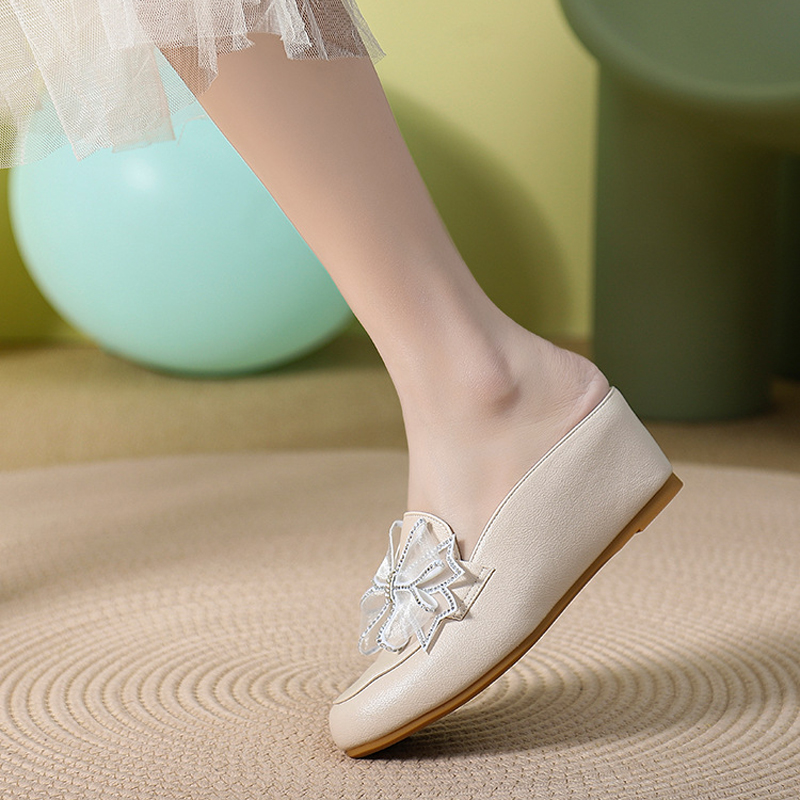 内增高5厘米~包头半拖单鞋女夏季蕾丝蝴蝶结高跟不累脚穆勒乐福鞋