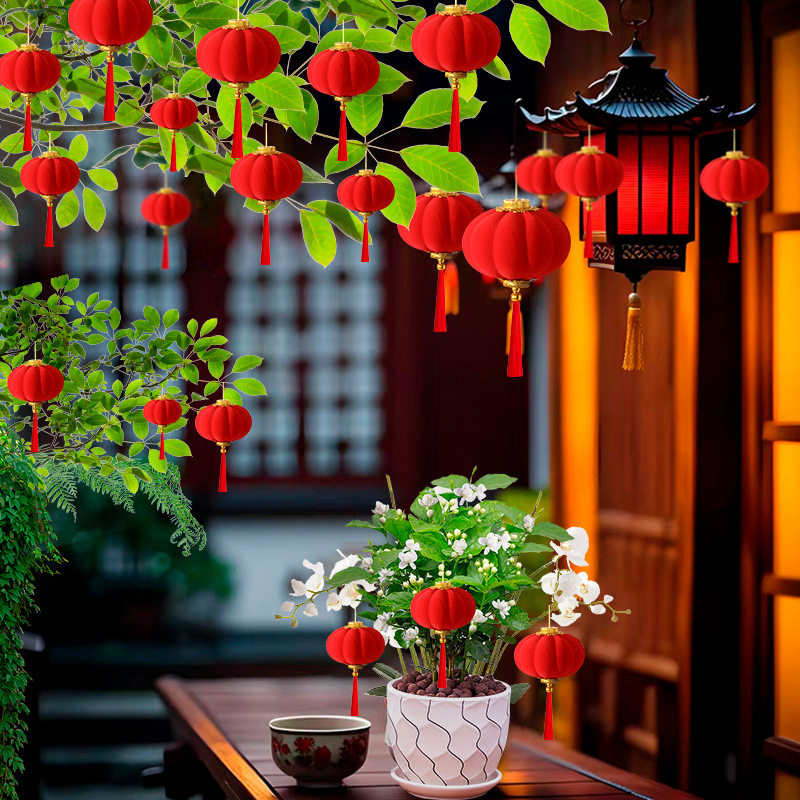 新年植绒灯笼挂饰中式红灯笼过年盆景挂件装饰春节户外喜庆小灯笼