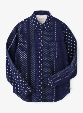 sousou日本代购Yousou男女长袖全棉高島縮翻领经典印花衬衫条纹